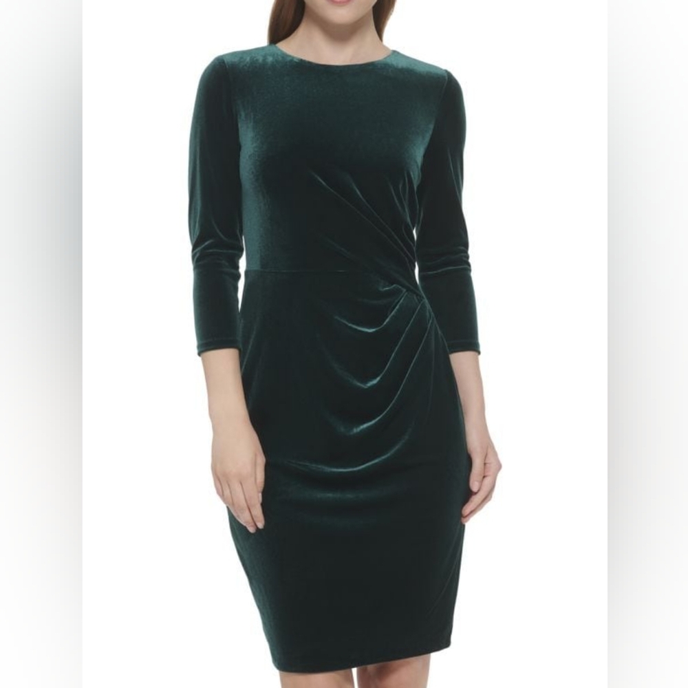 Eliza J Women's Ruched Velvet Mini Sheath Dress in Hunter - size 4